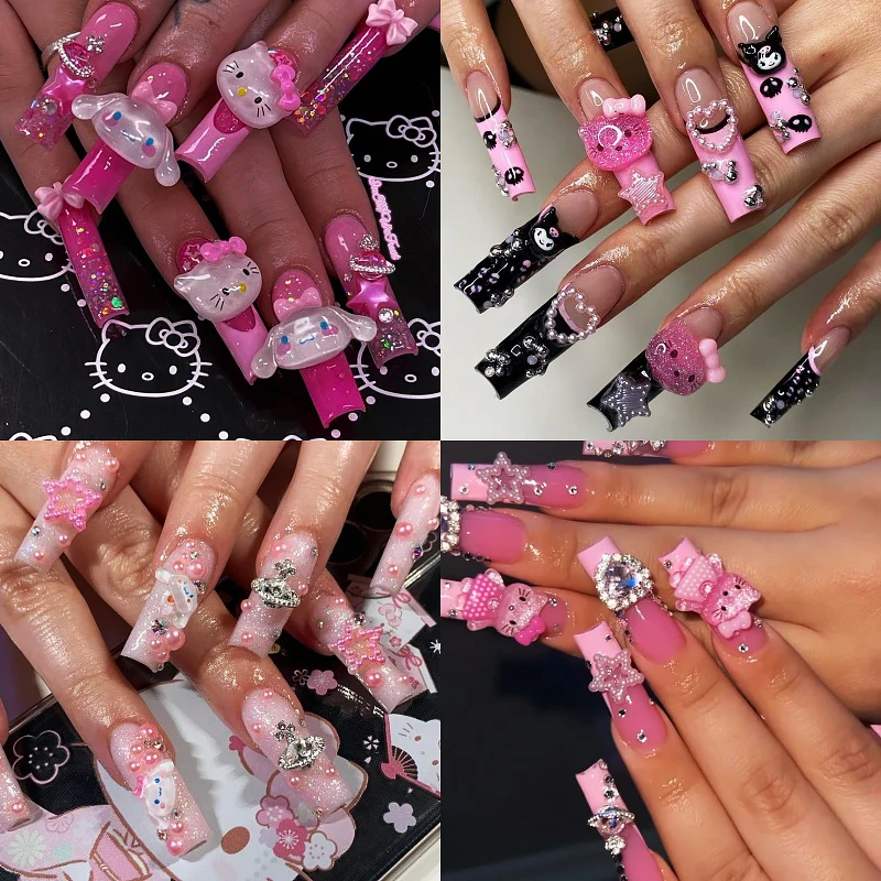 

Накладные ногти Sanrios Kitty Kuromi Cinnamoroll Saturn Длинные Стильные накладные ногти для девочек милые и крутые Y2K накладные ногти для девочек