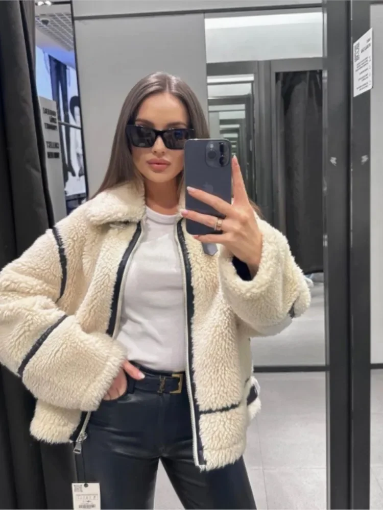 Elegant Luxury Lamb Wool Patchwork OverCoats Women Fashion Zipper Long Sleeves Warm Jackets 2023 Autumn Casual High Street Coat casual keep warm parkas outwear women solid color glossy zipper fur collar overcoats jackets coat outwear parkas coats