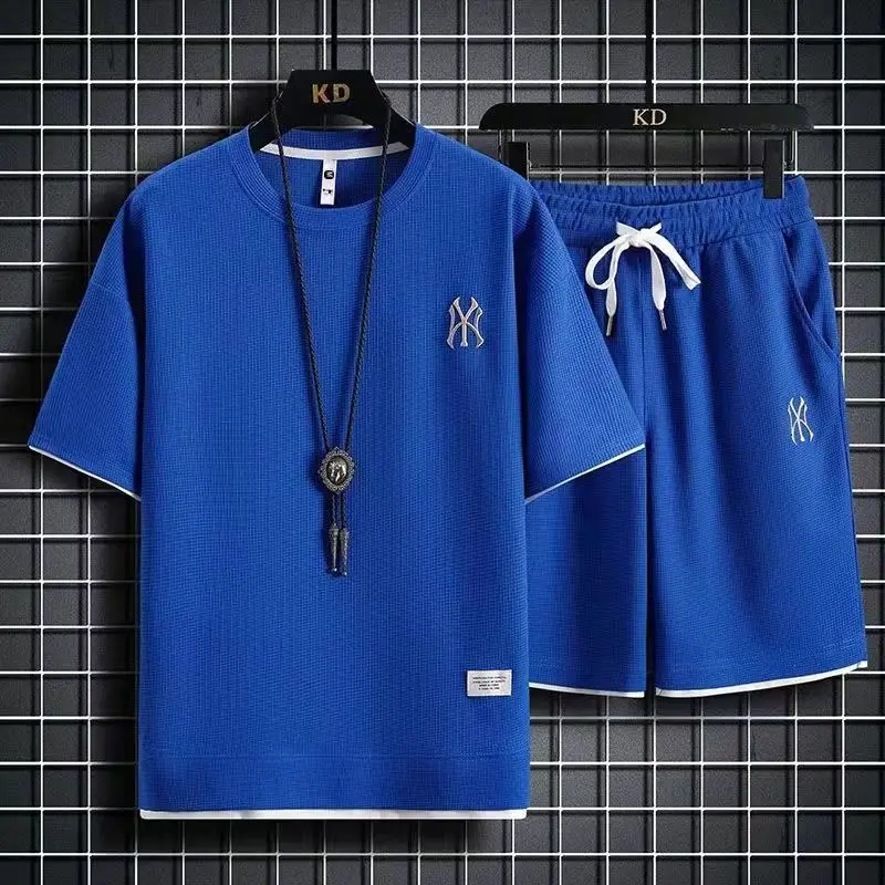 Men's New Summer Waffle Lounge Suit Crewneck Short Sleeve T-Shirt Shorts Fashion Trend Sports Fitness Jogging Suit
