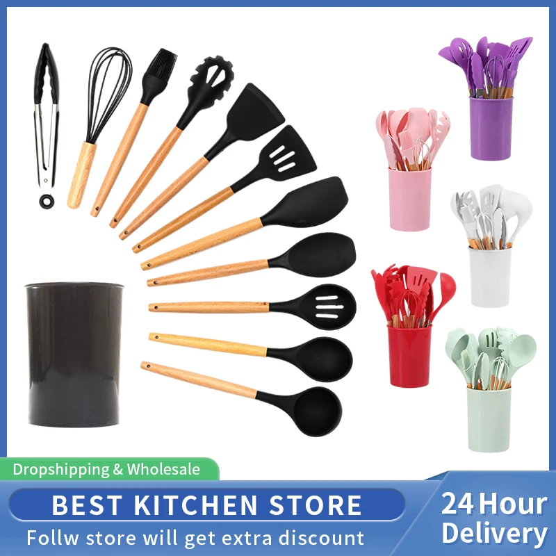 12PCSSiliconeKitchenwareNonStickCookwareSetWoodenHandleSpatula