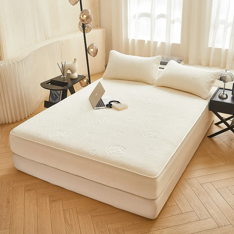Cotton Fitted Sheet with Elastic Band Solid Color Anti-slip Soybean Fiber Mattress Cover For Single Double King Queen Bed 3