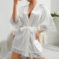 Nouvelle Robe de Nuit Élégante en Satin pour Femme 2025, Kimono Court avec Dentelle, Col en V, Ceinturé, Vêtement de Nuit de Mariée, Cadeau pour Demoiselle d'Honneur 2