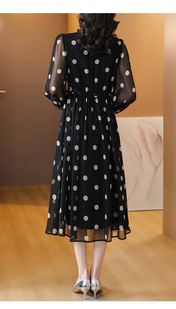 2023 Black Silk Long Sleeve O-Dot Printed Bubble Sleeve Dress for