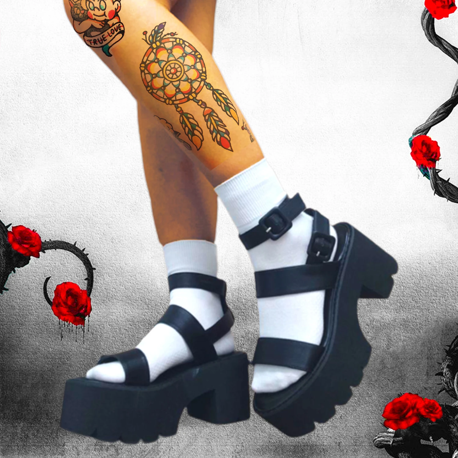 2022 Brand Leisure Chunky Platform Sandals High Block Heels Gladiator Goth Black Shoes Woman Fashion Trendy Summer Women Sandals