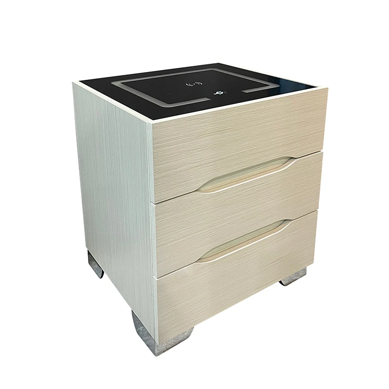 

custom，Minimalist Bedroom Furniture 3 Drawers Rectangular Cabinet LED Nightstand Bedside Table With Wireless USB Charging Design