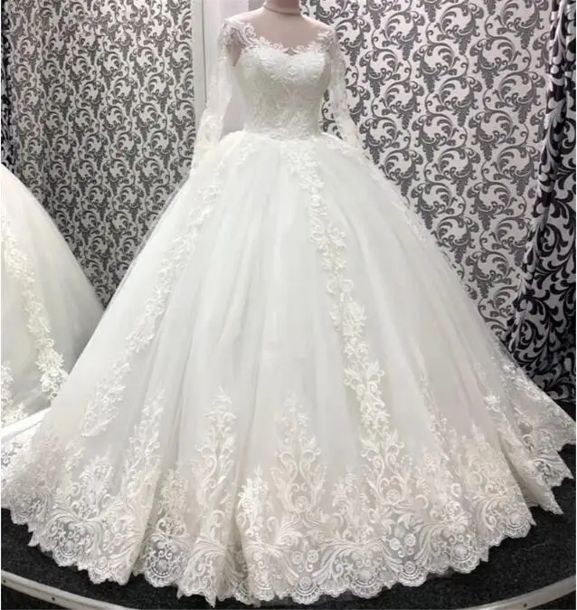 

White Long Sleeves Wedding Dress Lace Appliques Ball Gown Court Train Wedding Dresses Bridal Gowns Vestido De Noivas