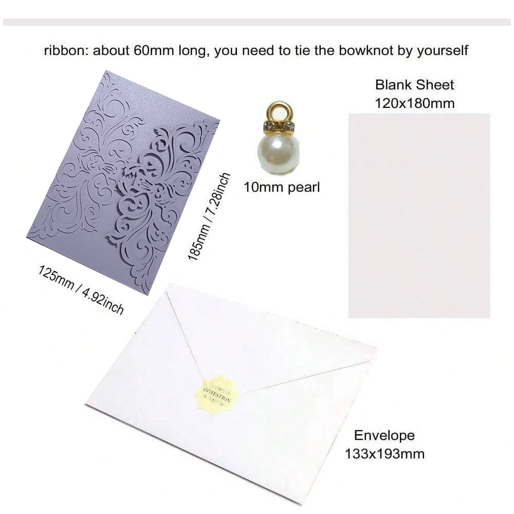 20Set Lavender Paper Wedding Invitation Card Blank Insert Envelope Ribbon Engagement Invites HJ188