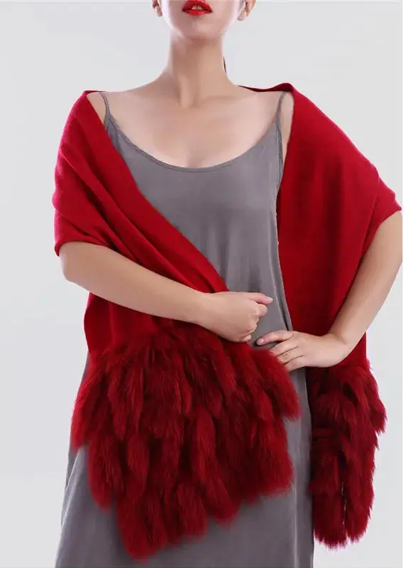 Damen-Schal aus 100 % reinem Kaschmir mit echtem Fuchspelzbesatz, Winter-Wickelschal, flauschiges Quastendetail für Herbst- und Frühlingsmode – Detail 7