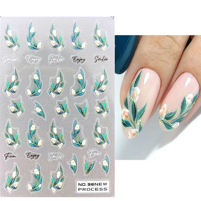 

3D Nail Art Stickers Green Leafs Flowers Back Glue Nail Decals Ultrathin Nail Decoration Design Tips