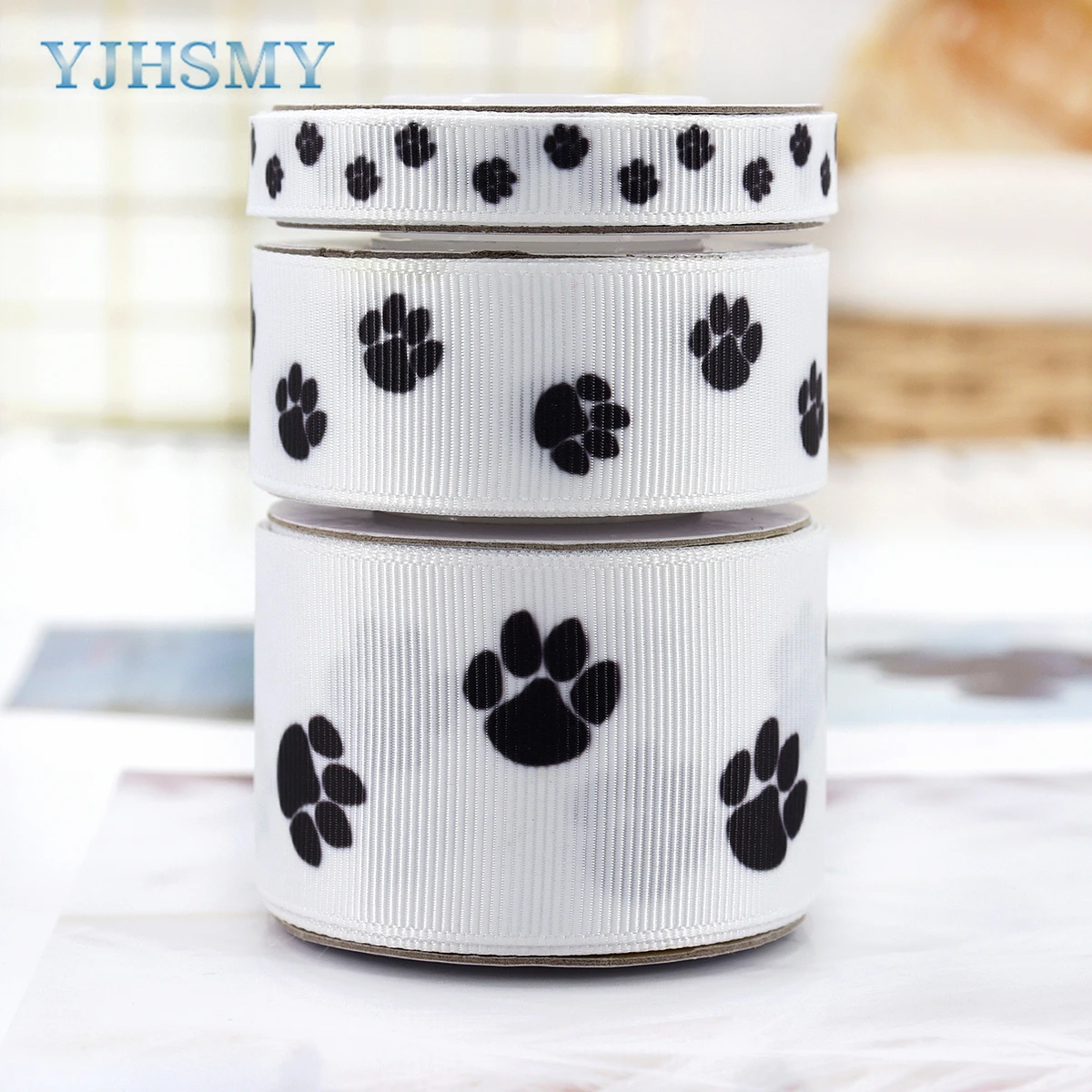 2.5 Satin Paw Print Ribbon: Black & White (50 Yards)