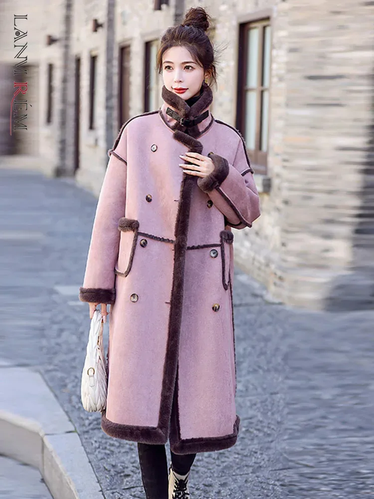 

LANMREM Winter Warm Thick Lamb Fur Long Coat Women Stand Collar Contrast Color Double Breasted Clothing Fashion 2023 New 2AA4313