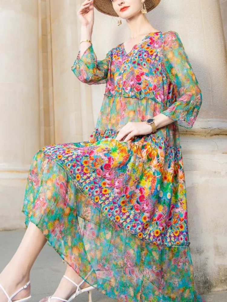 

Женское шифоновое платье в стиле бохо, элегантное пляжное свободное платье средней длины с винтажным принтом и V-образным вырезом, лето 2023
