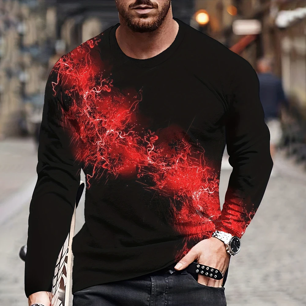 

Four Seasons Men's Round Neck Long sleeved Pullover 3D Flame Print Fashion Loose Retro Street Long sleeved Top