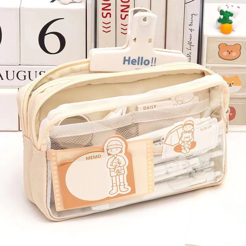

Transparent Double-layer Pvc Pen Holder Bag Large Capacity Storage Bag Girls Waterproof Makeup Bathroom Pouch Home Organization