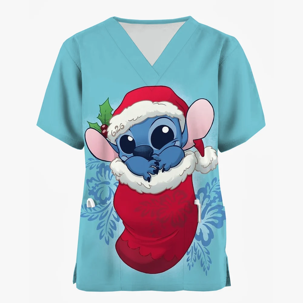 thumbnail image 1 of Uniforme de enfermera de hospital con cuello en V para mujer de Lilo&Stitch, ropa de Disney, regalo de Navidad, camiseta con bolsillo, uniforme, 1 of 5