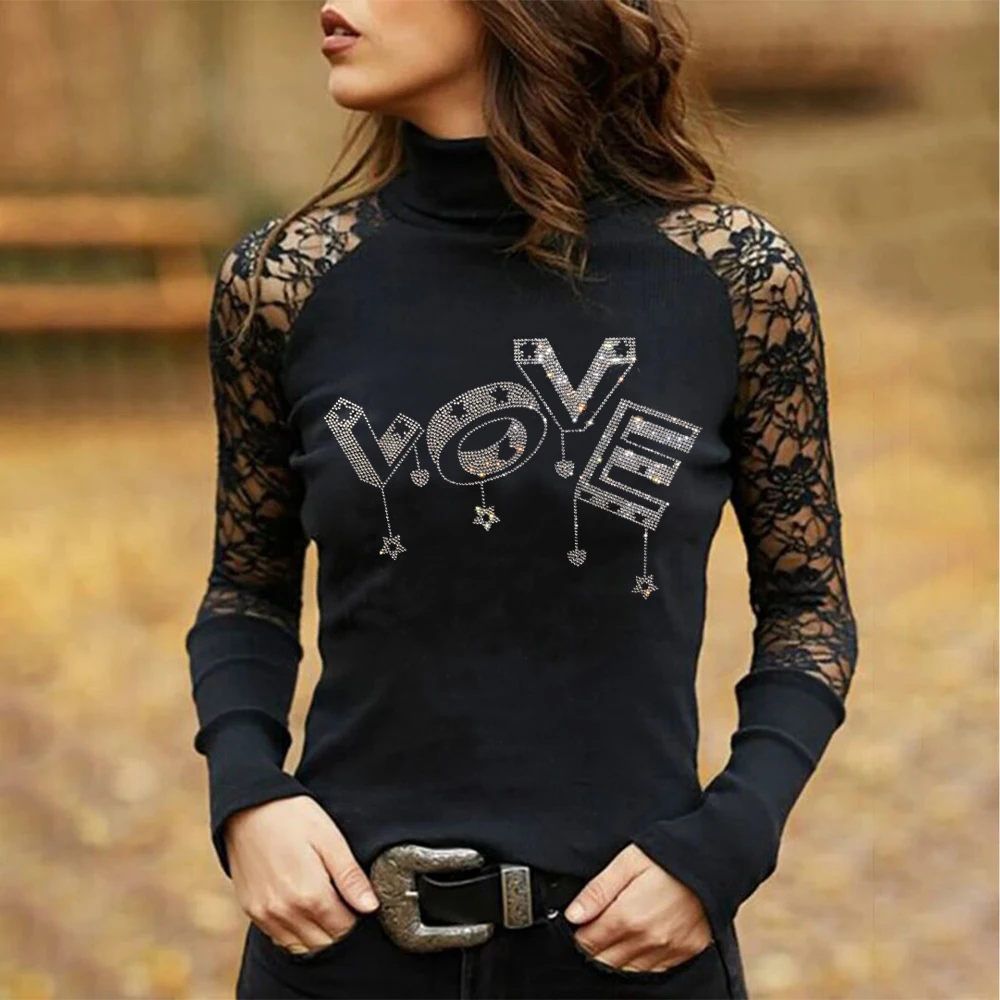 Fashion Heart Shape Hot Drill Print Ladies T-Shirt Solid Lace Sexy Women  TShirt Y2k Gothic Tee Long Sleeve Party Clothes Tops