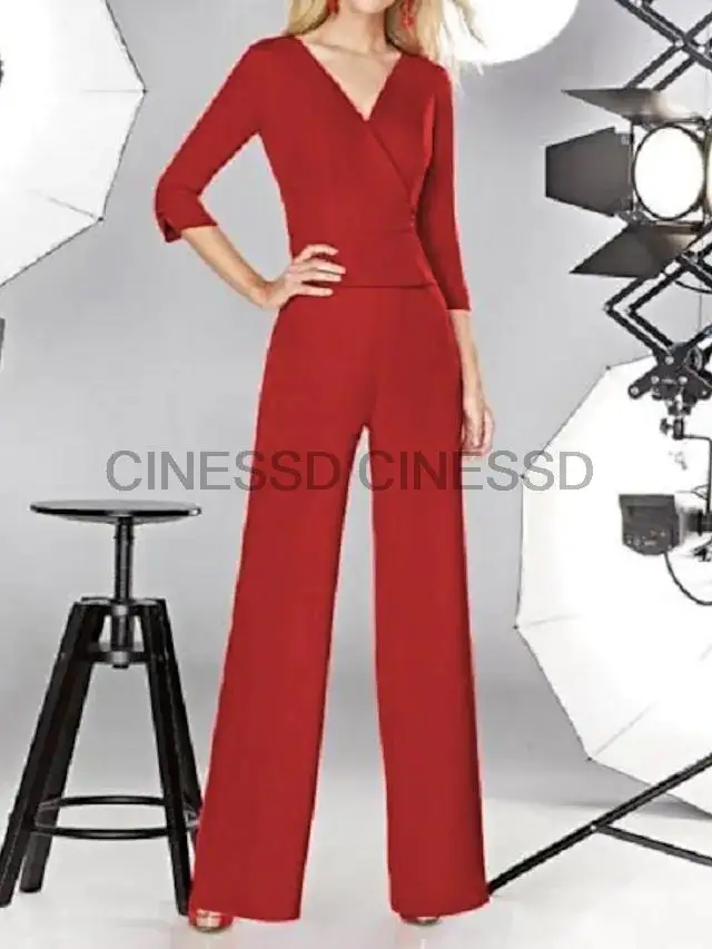 

Red Pantsuit / Jumpsuit Mother of the Bride Dress Elegant V-Neck Floor Length Stretch Satin Half Sleeve with Pleats