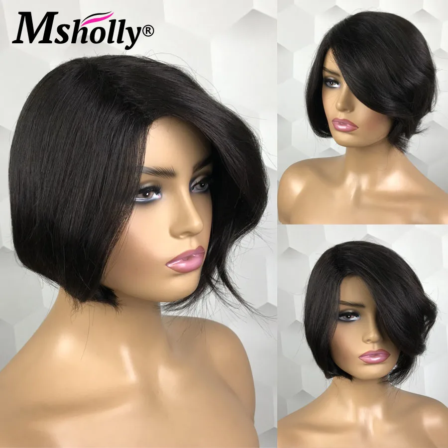 Glueless Short Pixie Cut Wigs Human Hair For Women Machine Made Wig With Bangs Short Bob Cheap Natural Ready To Wear Remy Wigs