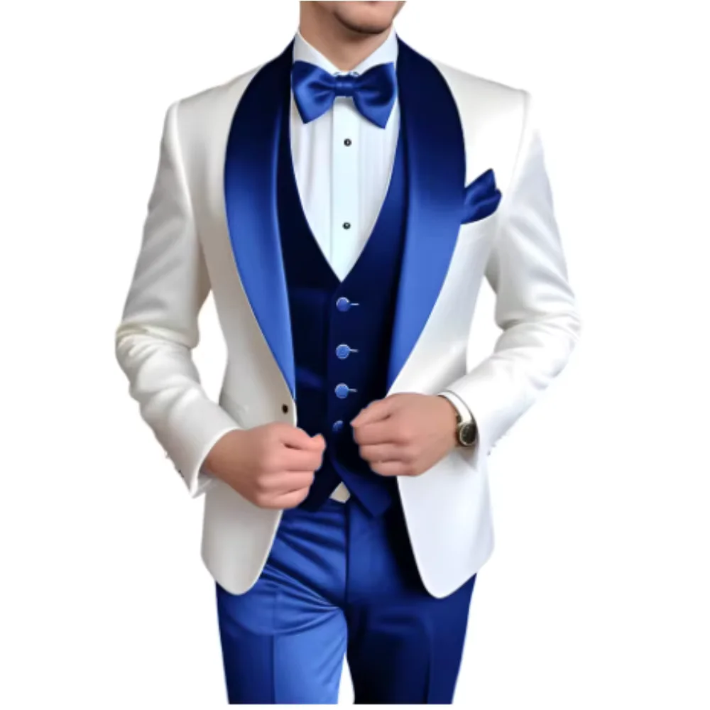 Solid Color Slim Fit Men's Tuxedo 3-Piece Set Fashion Business Wedding Suit with Shawl Lapel Blazer Vest Pants for Groom Party