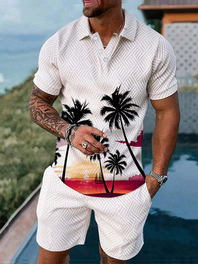 Summer Men Suit 3D Print Beach Coconut Trees Button Polo Shirt + Shorts Two Piece Set  Fashion Casual Man Clothing Tracksuit Set 3