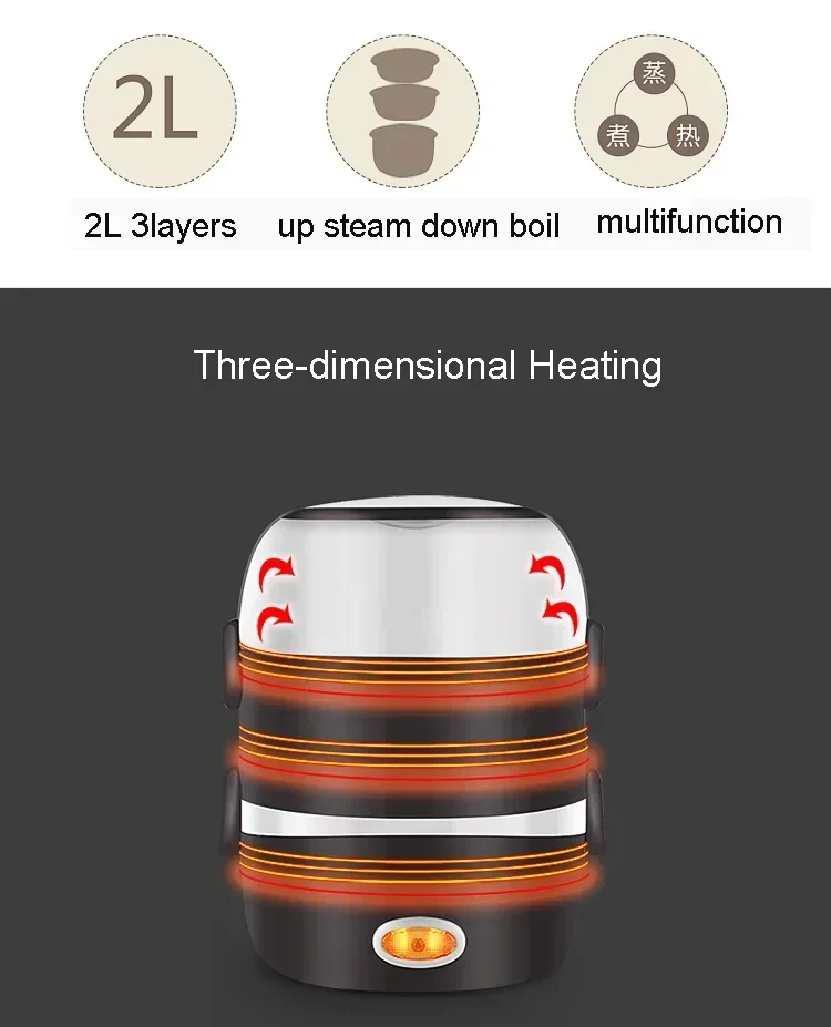 Description Picture 4 of item220V Mini Electric Rice Cooker Stainless Steel 2/3 Layers Steamer Portable Meal Thermal Heating Lunch Box Food Container Warmer