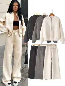 HH Women's Fall 2-Piece Retro Solid Color Zip Bomber Jacket Sweatshirt+High Waist Lace Up Women's Wide Leg Pants Street Wear 1