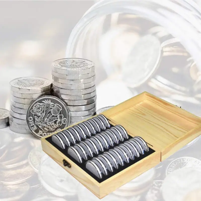 Coins Storage Box 30PCS Adjustable Antioxidative Wooden Commemorative Coin Collection Case with Adjustment Pad