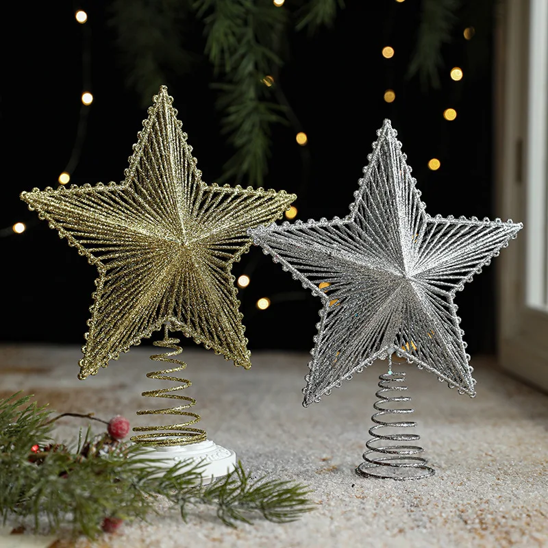 Creative Three Dimensional Five Pointed Star Christmas Tree Top Gold Glitter Iron Decoration Christmas Window Scene Layout Decor