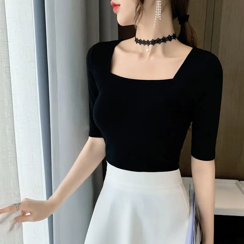 Women\'s Black Elegant Square Neck Short Sleeve T Shirt 2021 Summer Vintage Solid Color Tees Casual Streetwear Tshirt Tops