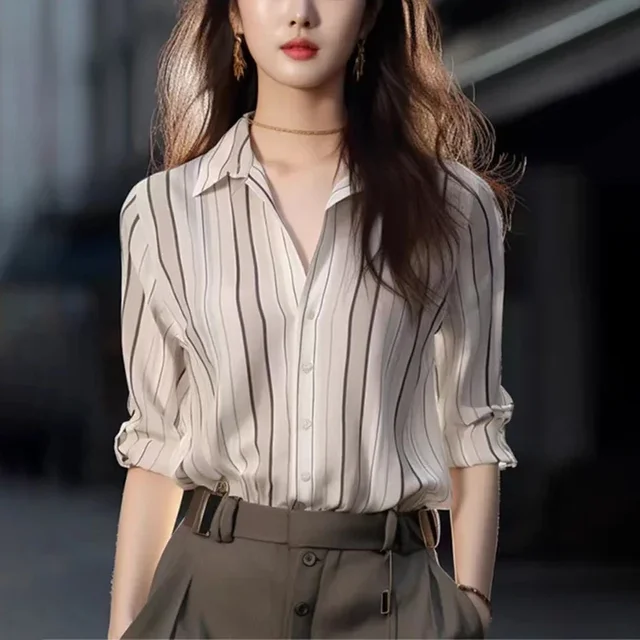 Women’s 2024 Vintage Stripe Shirt – Loose Elegant Casual Blouse - Image 2