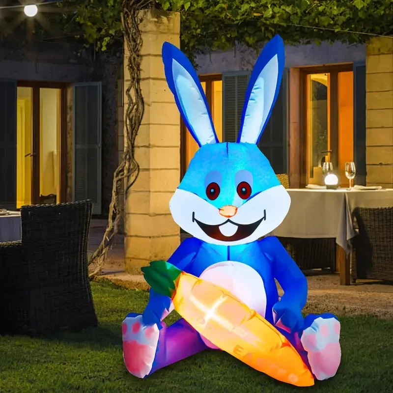 1.2M/3.9FT Easter Inflatable Toys Blue Cute Rabbit with Led Lights for Happy Easter Decoration Outdoor Garden Yard Ornament