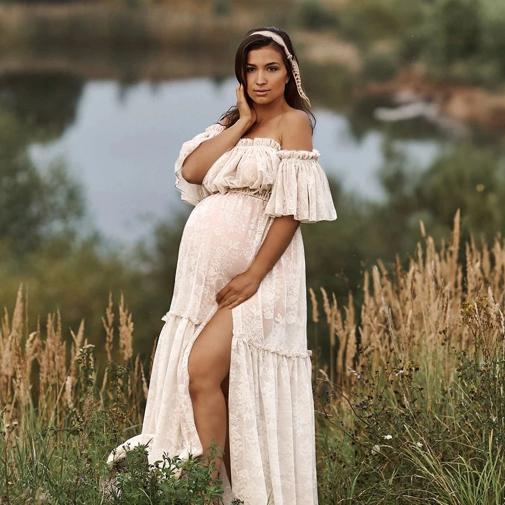 Maternity Gown For Photo Shoot Two Piece White Lace Boho Maternity Dresses For Pregnancy Sessions Baby Showers Dress