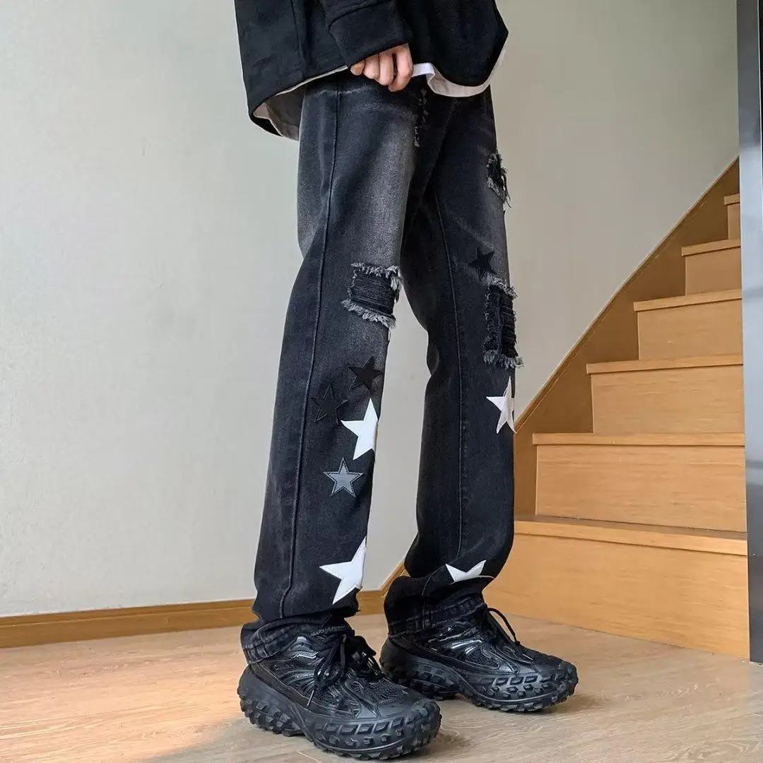 Summer Star Embroidered Word Art Jeans Men's Ripped Casual Slim Cotton Stretch Scratch Blue Gradient Splashing Ink Pants Hole 24