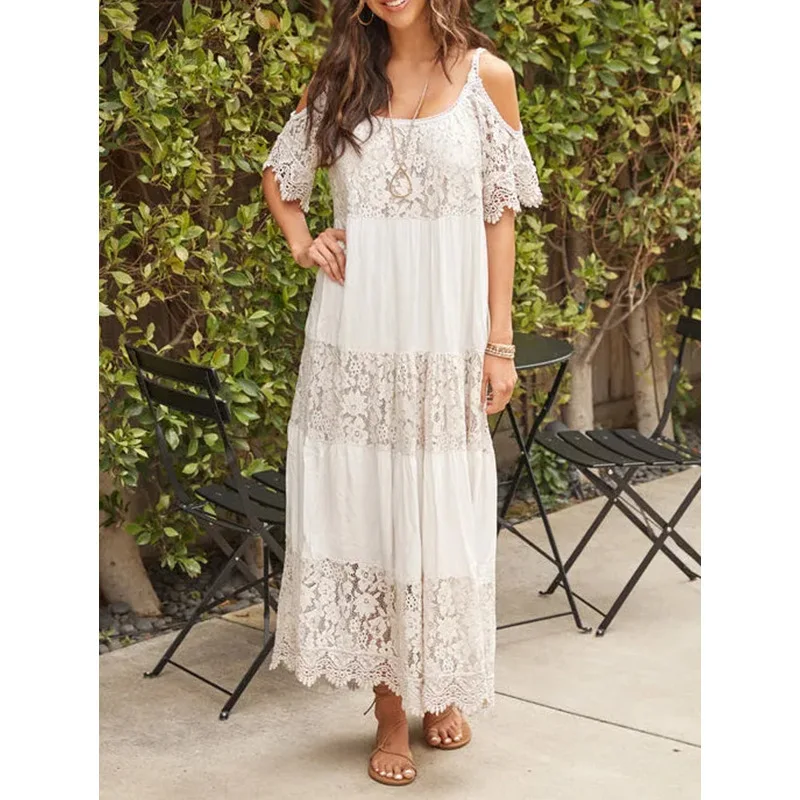 White Lace Beach Dress Women Summer V Neck Hollow Out Boho A-line Dress Fashion Elegant Embroidery Holiday Mini Dresses Vestidos