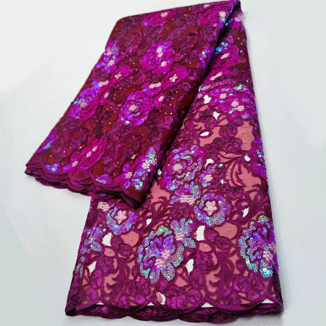 

(5yards/pc) High quality fuchsia pink African hand cut organza lace fabric with sequins and embroidery for party dress FYY112