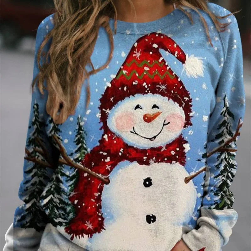 Spring and Autumn Women's Pullover Round Neck Christmas Letter Cartoon Printed Sweatshirt Bottom Sweatshirt Fashion Casual Tops