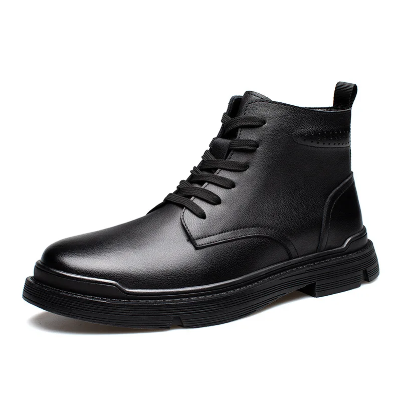 100% Genuine Leather Men Autumn Winter Boots Thick Sole Warm Cow Leather Ankle Boots
