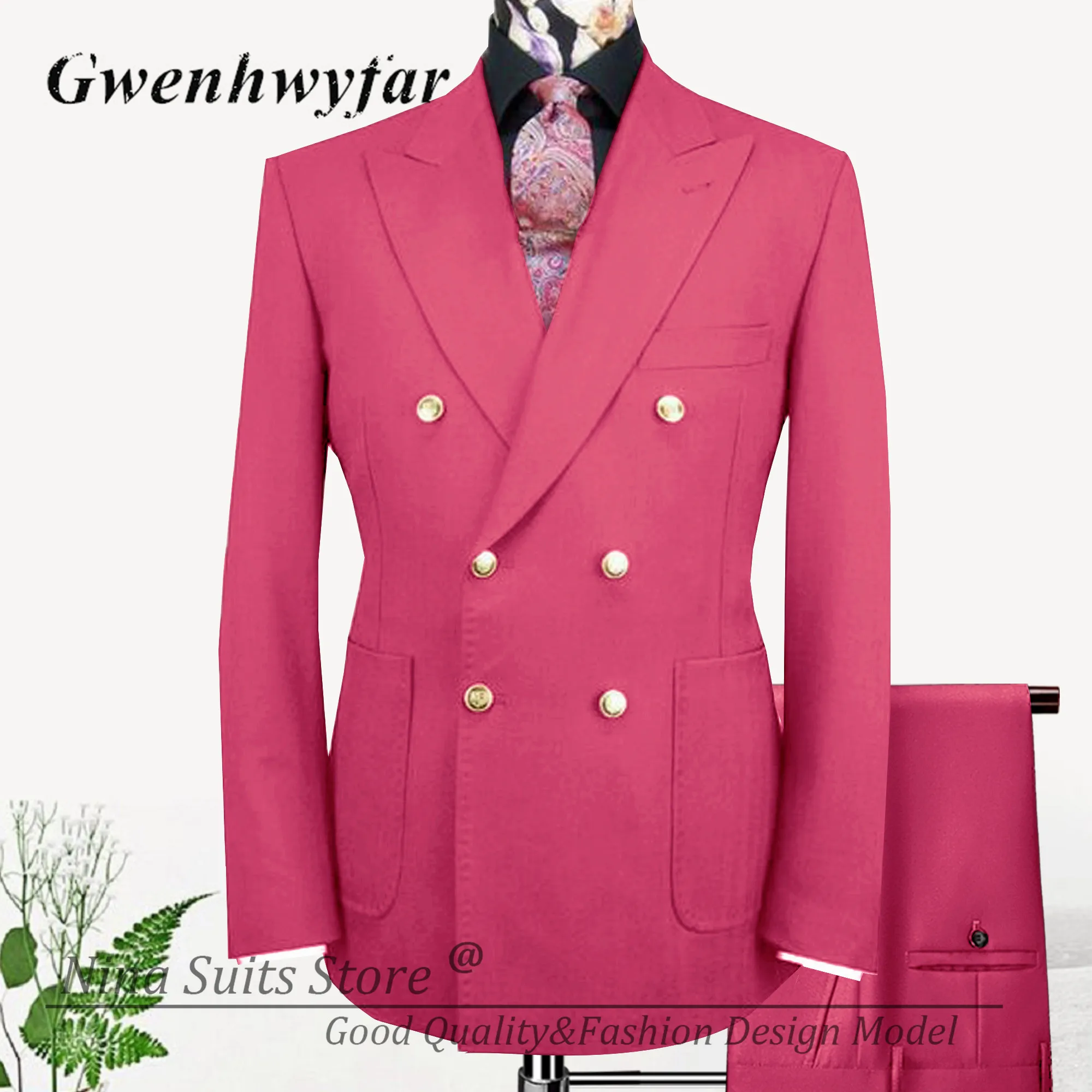 Nina Store Hot Pink Men Suits 2 Pieces Tailor-made Double Breasted Jacket with Gold Button for Wedding Male Party Costume