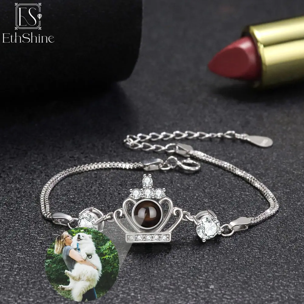 

EthShine New 925 Sterling Silver Personalized Crown Photo Bracelet Custom Projection Bracelet Memorial Birthday Christmas Gift