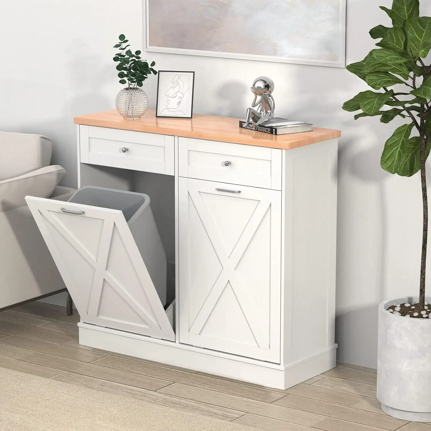 Out Trash Cabinet Can Bin Kitchen 20 Gallon Wooden Free Standing Laundry Sorter,Recycling Cabinet with Hideaway Drawer, (White) 3