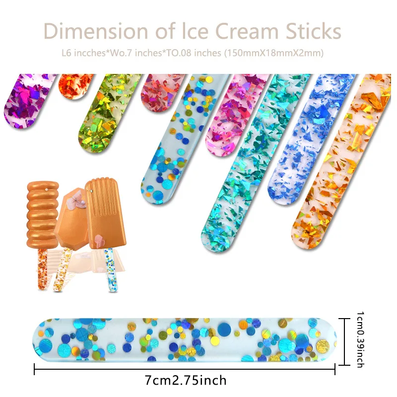 10pcs Food Grade Acrylic Ice Cream Sequin Sticks New Summer Homemade Popsicle Accessories Reusable Creative Kitchen Model Stick