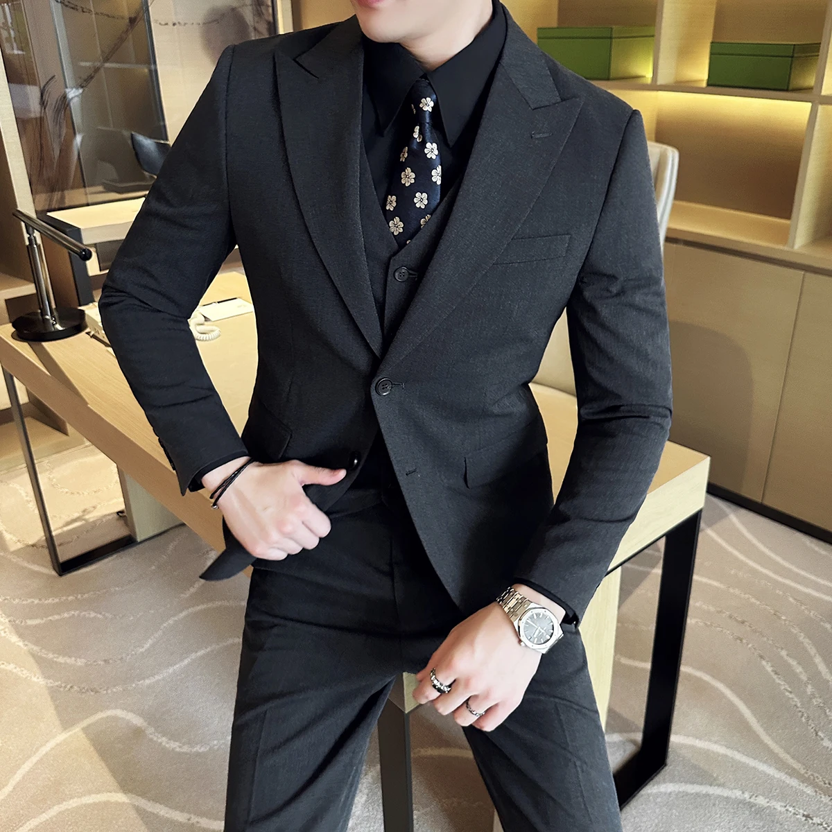 Men's Formal Slim Fit Business Work Wedding Stage Tuxedo Fashion Men Social Dress Suit 3 Pieces Set Jacket Vest Pant