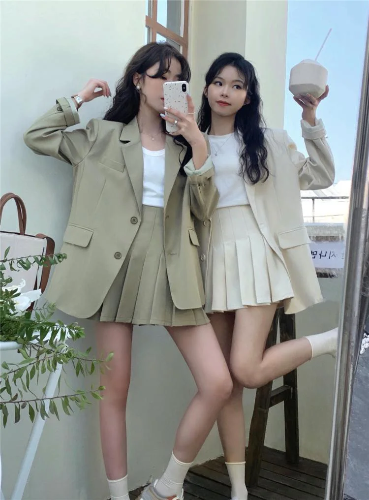 Korean Fashion Solid Two-piece Skirt Set Women Single Breasted Blazer Coat + Pleated Mini Skirt Autumn Office Lady Casual Suits