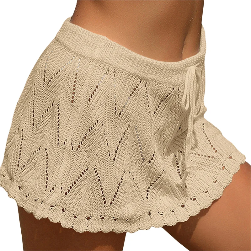Falda de playa para mujer, de verano, de color liso, con cordón, de cintura alta, de punto, minifalda, traje de baño informal