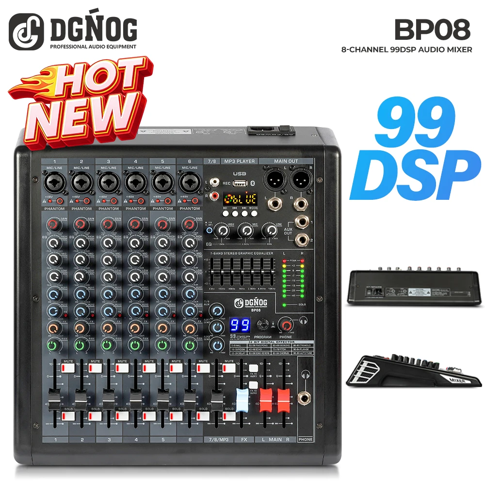8채널 믹서 DGNOG BP08 99 DSP 디지털 MP3 입력 48V 팬텀 전원 ..