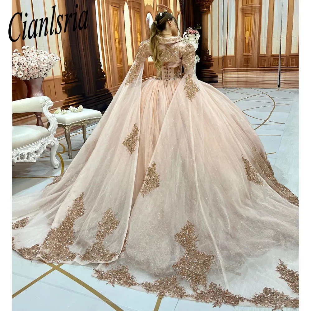 

Luxury Blush Pink Quinceanera Dresses With Wrap Sparkly Beaded Sequins Corset Puffy Skirt Princess Debutante Dress for 15 years