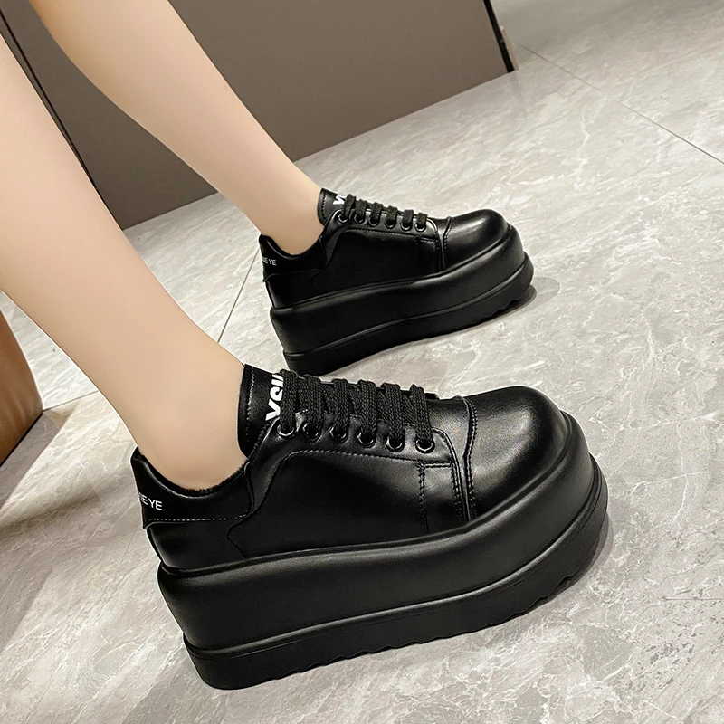 Women Winter Platform Leather Sneakers Warm Plush Cotton Shoes Tennis Lace-up 7.5CM Wedge Heels Chunky Dad Fur Shoes Woman Mujer