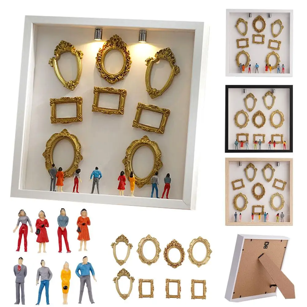 Mini Museum Photo Album: Stylish Memory Display Kit with Miniature Statue and Gold Frame
