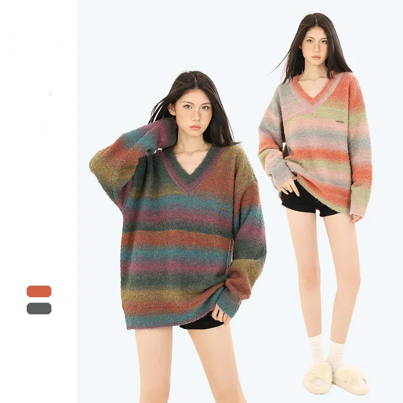 

2023 Autumn And Winter New V-Neck Fashion Sweater Real Shot Beauty Trend Loose Collar with sheep Blea Striped Pullover Sweater