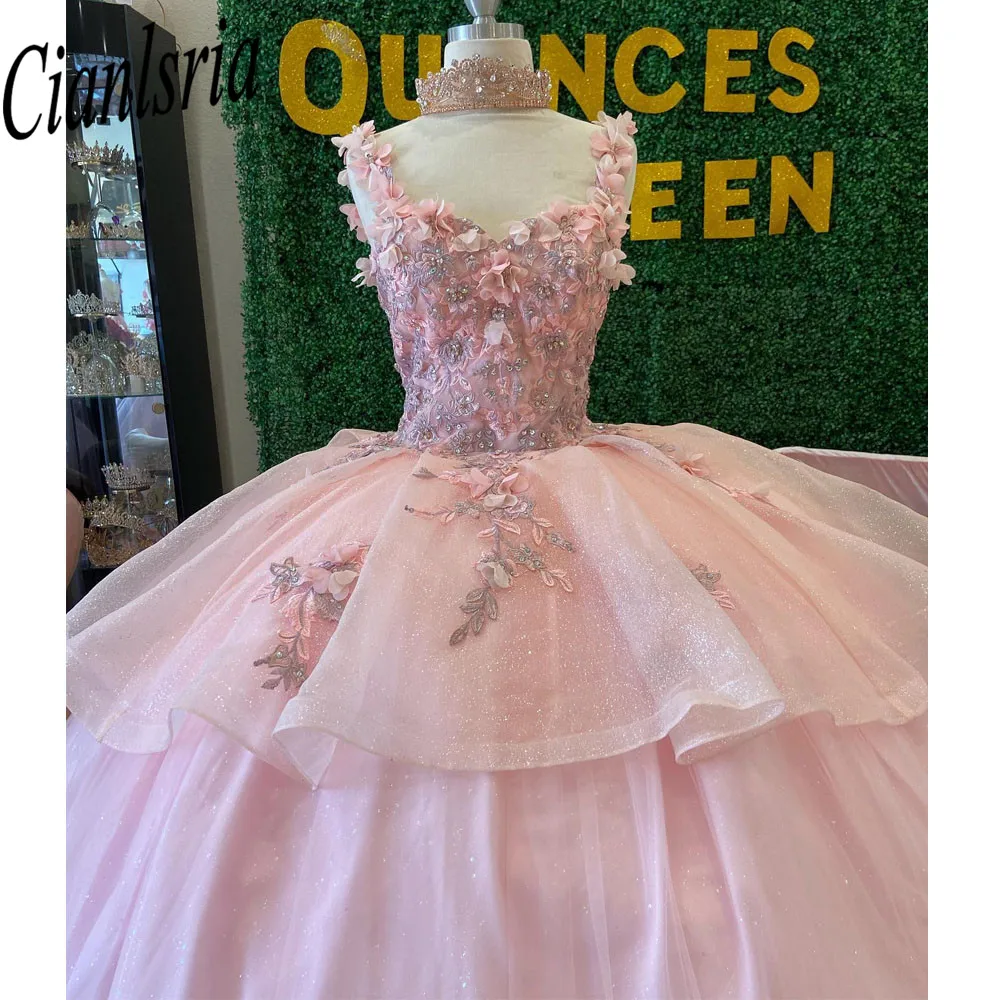 Pink Quinceanera Dresses Ball Gown Off Shoulder 3D Rose Flowers Puffy Sweet  16 